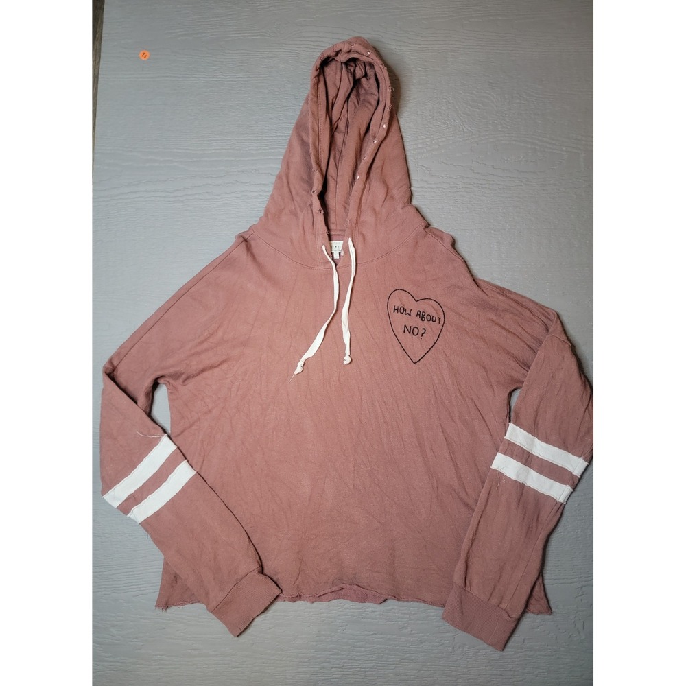 Lucky Brand Womens Mauve How About No Heart Graphic Distressed Hoodie Large